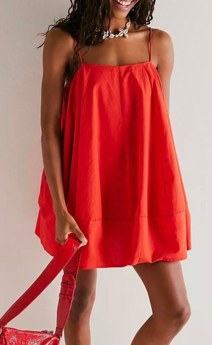 Free People Orange Red Tie Shoulder Babydoll Mini Dress Flowy Sundress - XS